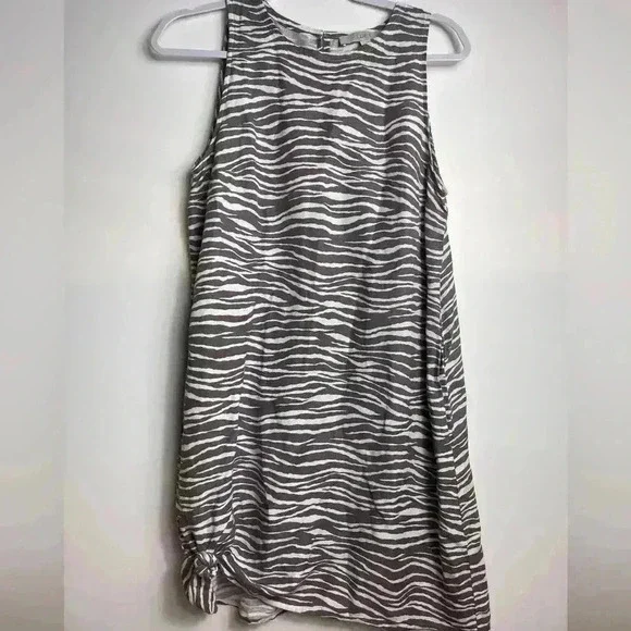 LOFT Zebra Brown White Sleeveless Pocket Linen Keyhole Shift Dress Women’s 6 - Picture 2 of 8